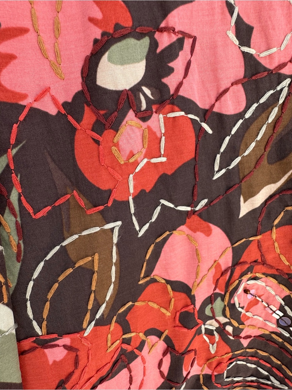 Talbots Brown Pleated Circle Skirt with Pink Embroidered Beaded Floral Print, 16 - Picture 9 of 13